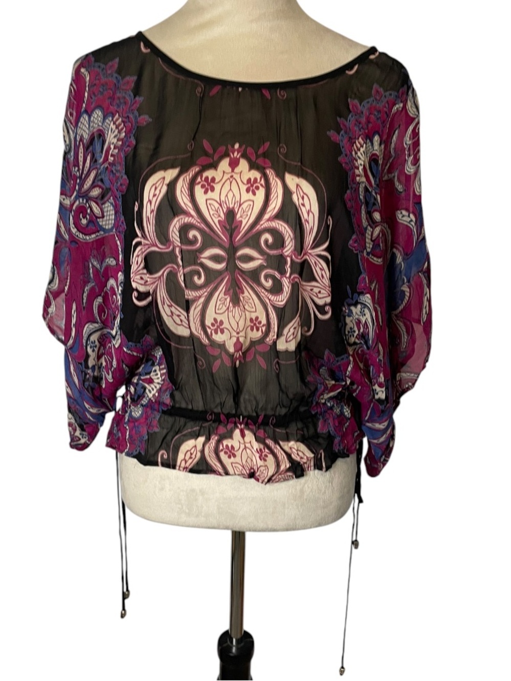 Y2K ANGIE Smocked Paisley Sheer Blouse Dolman Sleeve S